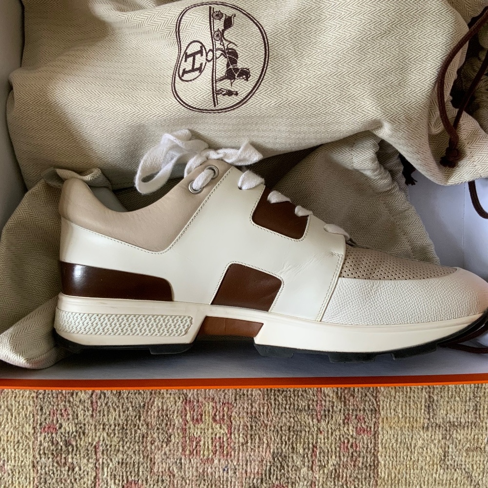 HERMES leather color block pattern sneakers